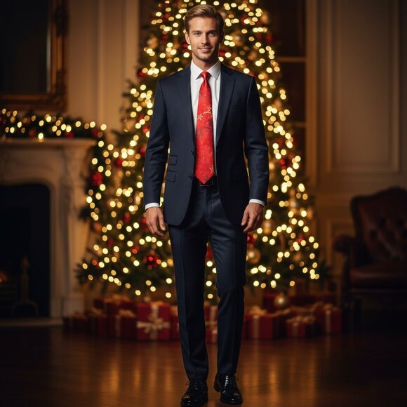 Boulevard Club 100% Silk Christmas Tie Red Star Print Unisex Holiday Accessory - Picture 4 of 8